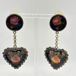 Betsey Johnson Heart Rose Earrings Vintage Dangle Antique Gold Tone